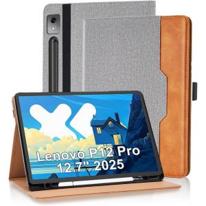 Eryi-Coque Pour Lenovo Tab P12 Pro 2025/ Xiaoxin Pad Pro 12,7 Pouces 2025 Housse Cuir Pu [Réveil/Veille Automatique] Etui De Protection Avec Support Fonction Et Poche De Documents, Gris - Neuf