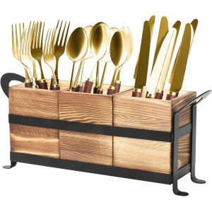 Chenquansarl-3 Compartiments Rangement Ustensiles Cuisine Pot, Porte-Couverts En Bois Porte-Ustensiles De Cuisine Avec Support En Fer Pot À Ustensiles De Cuisine En Bois Organisateur De Couverts - Neuf