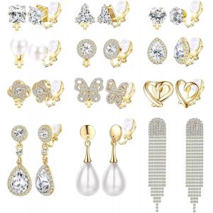 Kalhx-12paires Boucles D'oreilles À Clip Pour Femme Filles Non Percées Perle Cristal Strass Argent Or Pendantes Boucles D'oreilles À Clip À La Mode - Neuf