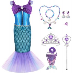 Ehnga-Deguisement Sirène Fille, Déguisement La Petite Sirène Avec Accessoires De Sirène, Robe De Princesse Costume Sirene Pour Anniversaire Cosplay Carnaval - Neuf