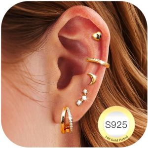 Kal-Paires Boucles D'oreilles Femme Argent 925 Plaquée Or 14k Créoles Argent Boucles D'oreilles Zircon Piercing Oreille Cartilage Petites Boucles D'oreilles Femme Or Pour Piercings Multiples - Neuf