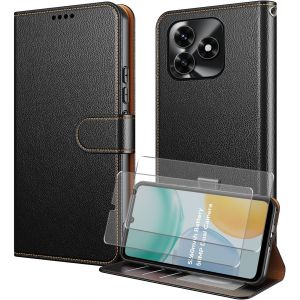 ELVORIX-Coque pour Honor X5C Plus/Honor X5C avec 2 * Verre Tremp&eacute;, Etui Protection Housse Premium en Cuir PU,[RFID Blocage][Emplacements Cartes][Multifonctionnel] Magn&eacute;tique &agrave; Rabat Flip Case - Noir - Neuf