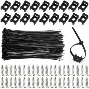 100 Pièces Fixations de Serre-Câbles Base de Montage avec 100 Pièces Attaches de Câble Noir et Vis pour Fixation Cable Electrique - Neuf