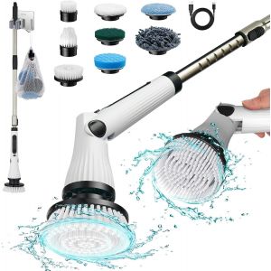 ChenQuanSarl-Électrique De Nettoyage, Scrubber Sans Fil Pour Baignoire À Puissance, Avec 8 Têtes De s Interchangeables, De Nettoyage Pour Douche Avec Poignée Réglable Pour Les Sols Carrelés - Neuf