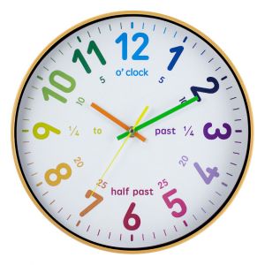 Horloge murale colorée avec imitation bois, 30 cm - Neuf