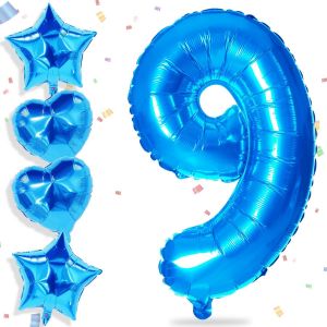 Grands Ballons Bleus En Forme De Chiffre 9 Pour Décoration De Fête D'Anniversaire De Garçon Et Fille - 81,3 Cm - Grand Format En Forme De Coeur - Ballons De 1 À 9 Pour Décoration De Fête - Neuf