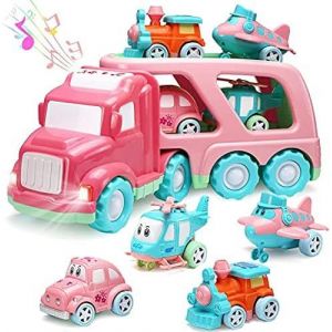 Camion de transport rose 5 en 1 avec lumières et sons Camion à friction avec remorque à double niveau et véhicules Jouet pour jeunes enfants,filles - Neuf