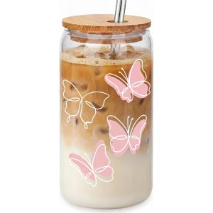 Kalanka-Cadeaux Papillon Pour Femme - Verres Roses Mignons Avec Couvercle Et Paille - Tasse &Agrave; Caf&eacute; Glac&eacute; Esth&eacute;tique - Tasse &Eacute;l&eacute;gante Pour Fille - Id&eacute;e De Cadeau Pour Anniversaire, Saint-Valentin - Neuf