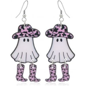 Boucles D'oreilles Pendantes En Acrylique Motif Fant&ocirc;me De Cow-Boy Pour Femmes Et Filles, Adorables Bottes Roses Effrayantes Pour Chapeau De Cow-Girl Halloween - Neuf
