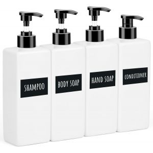 KAL-Flacon Pompe Vide, 4 Pièces 500Ml Distributeur Savon Blanc, Distributeur Savon Liquide, Soap Dispenser Plastique, Bouteille Shampoing Vide Avec Étiquette, Pour Salle De Bains, Hôtel - Neuf
