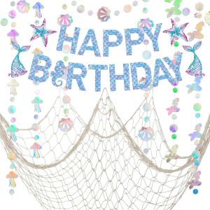 Décoration Anniversaire Sirène, Joyeux Anniversaire Bannière, Filet de Pêche, Guirlande Sirène avec Méduse Coquillage Étoile de Mer Perle pour Thème Sirène, Anniversaire, Décoration de Fête Nautique - Neuf