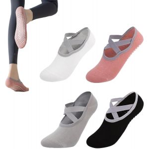 Lot De 4 Paires De Chaussettes De Pilates Antid&eacute;rapantes &iquest; Chaussettes De Yoga Pour Femme Avec Poign&eacute;es Et Sangles Pour &Eacute;quipement De Pilates, Entra&icirc;nement De Barre Et Ballet &iquest; Chaussettes En Coton - Neuf