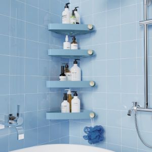 4 pi&egrave;ces Plastique Etagere Douche Sans Percage, Rangement et Organisation de la Salle de Bain, Porte Savon Douche, Etagere Salle de Bain, Comprend 12 Autocollants Adh&eacute;sifs, Bleu Ciel - Neuf