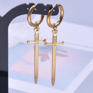 S741-G - Boucles D'oreilles Punk Croix Épée Pendentif,Cerceaux En Acier Inoxydable Pour Femmes Et Hommes,Accessoires Non Ternissants,Bijoux Vintage,Cadeau Arete - Neuf
