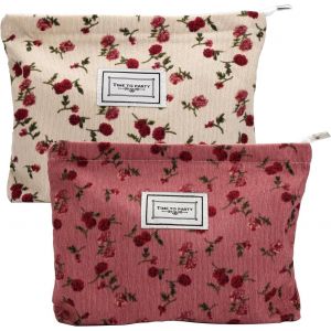 MAA-2 Pièces Trousse Maquillage Femme, Trousse Fleurs, Trousse à Maquillage en Velours Côtelé, Sac à Cosmétiques à Glissière, Trousse-de-Toilette Femme Portable, Trousse Toilette Voyage pour Femme - Neuf