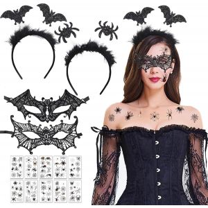 Lot De 5 Accessoires Steampunk Pour Femme Avec Gants En Dentelle Pour Femme/Masque Vénitien/Collier Gothique/Serre-Tête D'halloween/Autocollants De Tatouage Pour Mascarade,Cosplay,Fête,Etc - Neuf