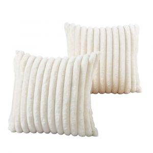 Housse De Coussin D&eacute;corative &Agrave; Rayures Printani&egrave;res - Beige, 45 X 45 Cm, Imitation Fourrure De Lapin, Fermeture &Eacute;clair, Lavable En Machine - Neuf