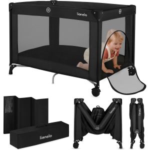 SUBZONAL-Lionelo Lit de Voyage pour B&eacute;b&eacute; Amelie de la Naissance &agrave; 15 kg, Petit, Pliable, Matelas Pliable Moelleux, 100,5x70,5 cm, 2 Roues, Entr&eacute;e Lat&eacute;rale, Sac de Transport (Black) - Neuf