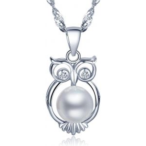 Asas-925 Argent Perles De Culture 8mm Perle Hibou/Chouette Pendentif Femme Collier Avec 45cm Chaîne - Neuf