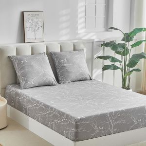 Drap Housse 160x200 Cm, Avec 2 Taie D'oreiller 65x65 - Drap Housse Microfibre Doux À Motif De Branche Réversible, 35cm Grand Bonnet, Gris Blanc - Neuf