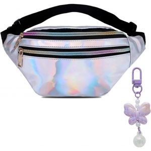 CAUC-&reg; Sac Banane &agrave; Paillettes pour Enfants, Filles, Femmes, imperm&eacute;able, Tendance, avec Porte-cl&eacute;s Papillon Laser Violet, adapt&eacute; pour Les f&ecirc;tes, Argent - Neuf
