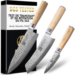 Mevronisshop-Coffret De Couteaux De Cuisine En V&eacute;ritable Damas, Vg-10 Et 67 Couches, Tranchant Et Tenue De Coupe Certifi&eacute;s Par Sgs, Manche Ergonomique &Eacute;quilibr&eacute;, Id&eacute;al Pour La Maison Et Les Cadeaux - Neuf