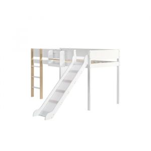 Lit mezzanine avec &eacute;tag&egrave;res de rangement amovibles, pin + MDF, blanc + finition bois naturel, 90 x 200 cm - Neuf