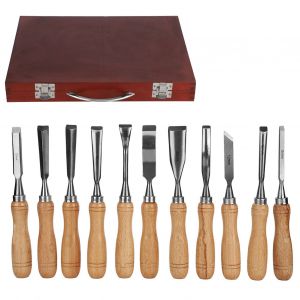 HJLIAN Ensemble de 12 outils de sculpture sur bois, ciseaux, couteaux et etui de rangement en bois - Neuf