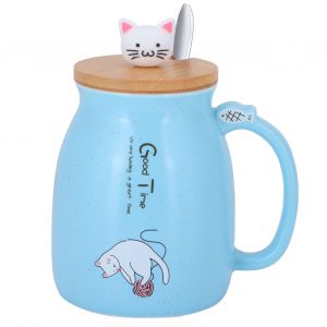 Hjlian Tasse En Ceramique 450 Ml En Forme De Chat Mignon, Tasse A Cafe, The, Lait, Avec Couvercle Et Cuillere, Pour Les Amateurs De Bureau, Cadeau Bleu Avec Couvercle Et Cuillere - Neuf