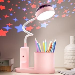 Lampe De Bureau Pour Enfants Avec Projecteur,Flexible Lampe De Table Sans Fil Dimmable Lampe De Lecture Rechargeable Lampe De Chevet Led Lampe D'&eacute;tude Avec Porte-Stylo Et Projection D'&eacute;toile - Neuf