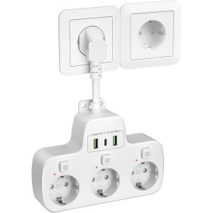Multiprise avec Interrupteur Individuel,Prise Multiple USB C Multiprise Murale 3 Prises Multiprise Electrique avec 3 Chargeur USB Rallonge Electrique Adaptateur Prise USB 0,1m Cable Court,Blanc - Neuf