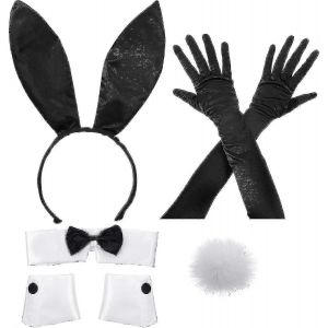 Ensemble de costume de lapin comprenant un serre-tete a oreilles de lapin, un collier, un noud papillon, des manchettes, de longs gants noirs et une queue de lapin A - Neuf