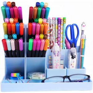 Organisateur de Bureau,Lot de 5 Boîtes à Crayons pour Enfants,Multifonctionnel Rangement Bureau Organisateur,Papeterie Organizer en Plastique pour Stylos Maison École (Bleu) - Neuf