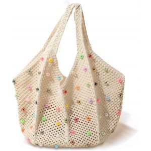 Sac de plage pour femme avec perles color&eacute;es,sac de plage,sac en filet,sac de plage tiss&eacute;,sac &agrave; main,sac de bain pour femme,pour vacances,sauna,sport,shopping,plage,festival - Neuf