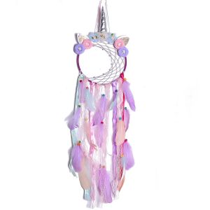 Attrape-rêves licorne coloré en plumes, attrape-rêves fait main en fleurs, attrape-rêves mural pour filles, décoration de chambre d'enfant, cadeau de bénédiction - Neuf