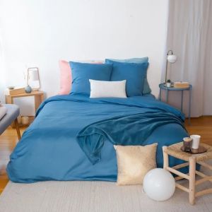 Cote Deco Parure De Lit Satin 100% Coton - Housse De Couette 240x220 Cm + 2 Taies D'oreiller - Bleu Canard - Neuf