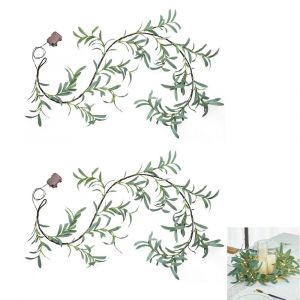 Guirlande Lumineuse Led 2 Pi&egrave;ces En Forme De Feuilles Vert Olive Avec Minuterie, 96 Led F&eacute;&eacute;riques, 1,8 M, Fonctionne Sur Piles - Neuf