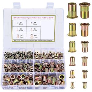 MEVRONISSHOP-300 pi&egrave;ces &Eacute;crous &agrave; Riveter M3-M10, Inserts Filet&eacute;s en Acier au Carbone, T&ecirc;te Plate Ronde, Nutserts Zingu&eacute;s, &Eacute;crous &agrave; Rivet pour Plaques M&eacute;talliques, Bois, Automobiles et Applications Di - Neuf