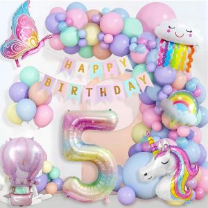 D&iquest;&iquest;coration anniversaire licorne pour fille de 5 ans, ballons et banni&iquest;&iquest;re Happy Birthday, ballon en aluminium papillon - Neuf
