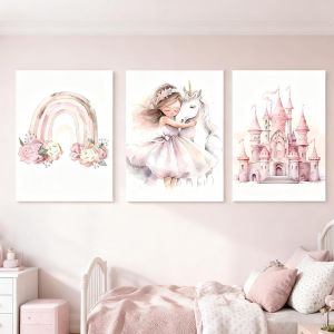 KALANKA-Affiche Decoration Murale Fille, 3 PCS Decoration Chambre Bebe Affiches, A4 Licorne Princesse Arc-en-ciel et le Ch&acirc;teau, Rose Tableau Chambre Enfant Poster, Sans Cadre - Neuf