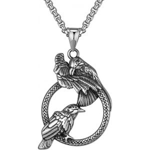 Trahoo-Collier Homme Viking Odin Corbeau Pendentif, Hugin Munin Argent Pendentif Acier Inoxydable Bijoux, Mythologie Nordique Corbeau Celtique Bijoux Femme - Neuf