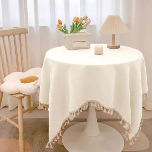 Kalanka-Nappe Ronde 120 Cm, Imperm&eacute;able Et Lavable, En Coton Et Lin, &Agrave; Glands, Anti-Taches. Adapt&eacute;e Pour Table Basse, Table De Jardin, F&ecirc;te, Pique-Nique, Repas En Ext&eacute;rieur - Neuf