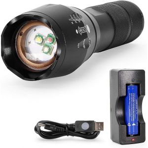Hljhj-Lampe Torche Tactique Led 3 En 1 1000 Lumens Avec Zoom Et Vision Nocturne Rechargeable Pour Chasse, Pêche, Camping, Astronomie, Batterie 2200 Mah Et Chargeur Usb Inclus - Neuf