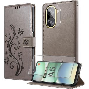 KWEX-Coque pour Xiaomi Redmi A5 4G avec 1 Verre Trempé,1 Protection Camera,Étuis Rabat [Housse en Cuir PU][Fentes pour Cartes][Pochette de Portefeuille][Stand Feature]- Gris - Neuf