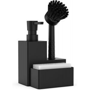 KAL-Distributeur De Liquide Vaisselle, 400Ml Distributeur Savon Liquide Avec Éponge Et Brosse 3 En 1 Distributeur Liquide Vaisselle Porte Eponge - Noir Mat - Neuf