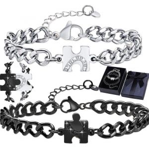 Kalsw-2 Pièces Puzzle Bracelets Pour Couple,Gourmette Amour Pour Couple,Bracelet Couple Personnalisé,Bracelets Pour Couple Réglable,Bracelet Couple Puzzle Cadeau Couple(Avec Coffret Cadeau) - Neuf