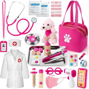 Malette Docteur Enfant,Veterinaire Enfant Avec Blouse De Médecin,Stéthoscope,Thermomètre,Seringue,Médical Jeu D'Imitation 36 Pièces,Jouet Enfant 3 Ans - Neuf