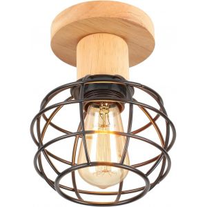 Kal-Plafonnier Industriel, E27 Plafonnier Vintage En Métal Cage Et Bois, Suspension Luminaire Rétro Design Chambre, Luminaires Intérieur Pour Salon, Chambre, 13cm(Noir) - Neuf