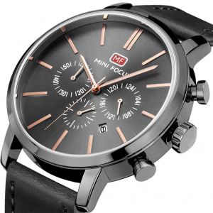 Mini Focus Hommes Simple Analogique &Eacute;tanche Bracelet En Cuir Montre Quartz Montre-Bracelet (Gris + Noir) - Neuf