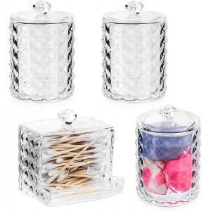 4 Pcs Boite Coton ,Porte Tige,Organisateur de Rangement Distributeur Tige,Boîte de Stockage avec Couvercles pour Boules de Coton-tiges Cosmétiques Chambre Salle de Bain Coiffeuse - Neuf